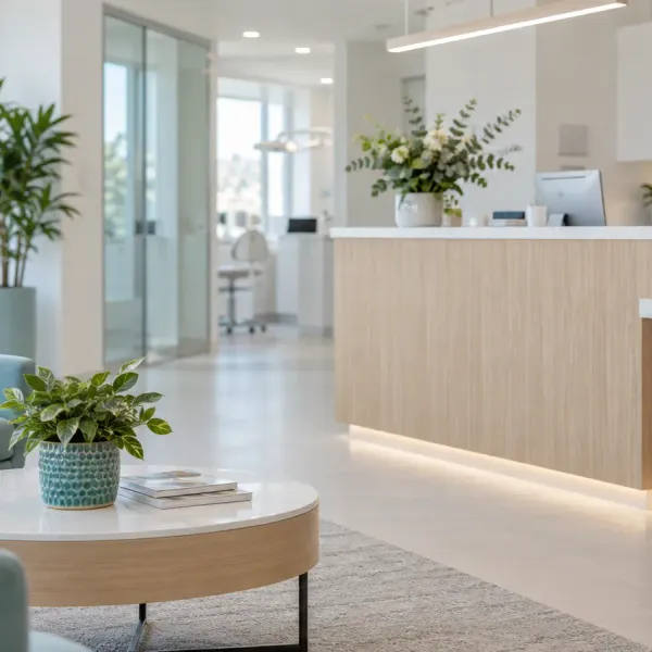 Bright, modern medical practice reception area with daylight and a tidy waiting area.